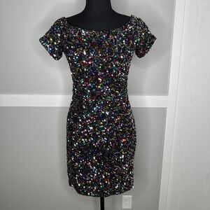 Gianni Bini Sequin Dress Womens Size 8 Multi Color Off Shoulder Mini Bodycon